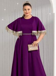 Modelyn Váy trang trí tua rua cỡ lớn có viền dệt, váy dạ hội thanh lịch, váy dạ hội dài - Màu tím - Xem 3