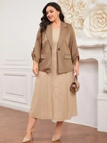 Mulvari Blazer De Un Solo Botón De Color Sólido De Talla Grande Con Bolsillos - Caqui - Ver 4