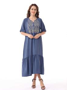 斋月刺绣 V 领宽松拼布褶皱阿拉伯风格连衣裙 Jalabia，传统优雅设计，适合 2025 年春夏