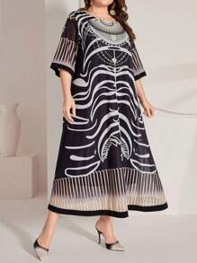 Al Najma Robe Rayée À Col Rond Pour Femmes De Grande Taille - Multicolore - Voir 3
