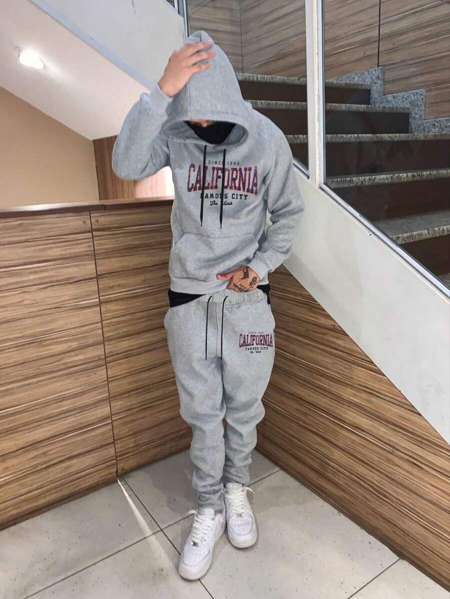 Manfinity Homme Bộ đồ thể thao thường ngày cho nam có mũ trùm đầu và quần nỉ Kangaroo họa tiết chữ, đi chơi - Xám - Xem 1
