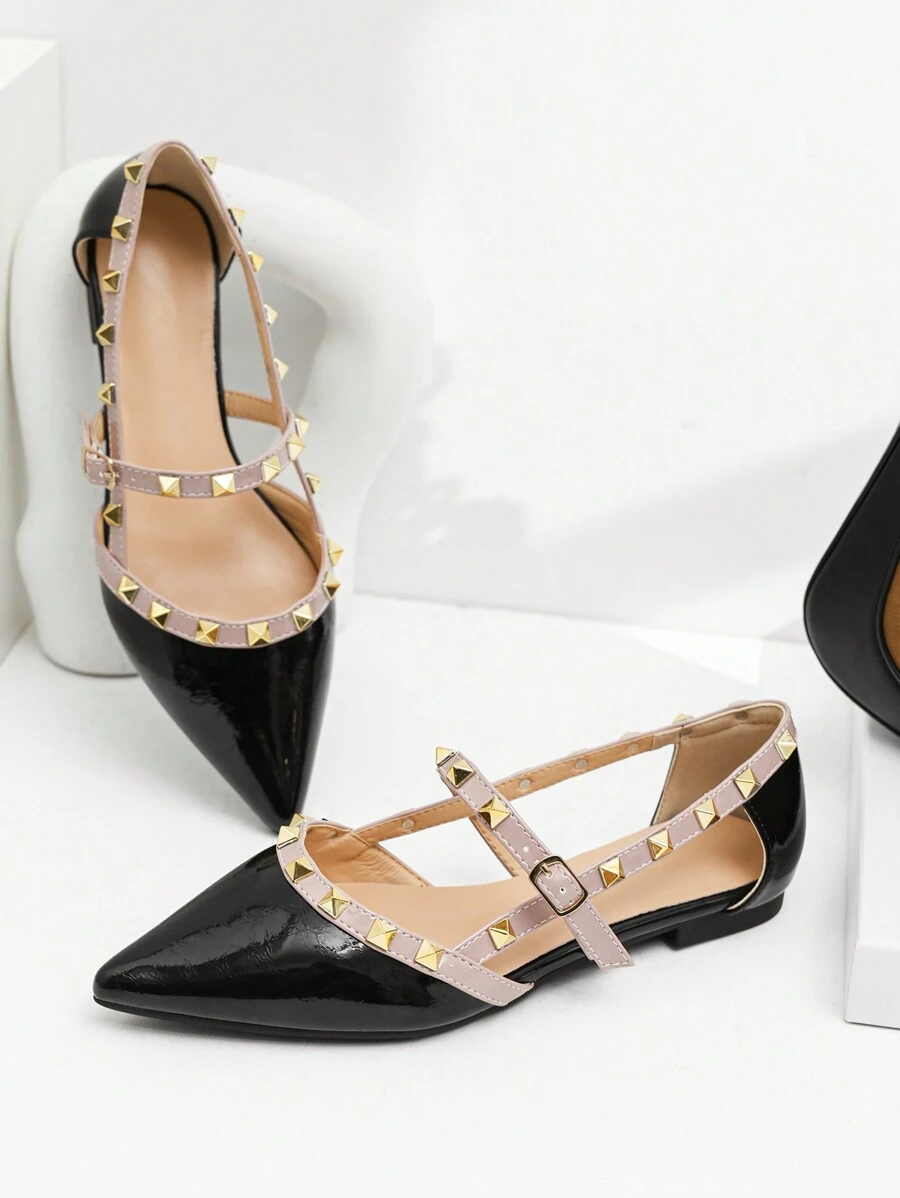 Fall/Winter New Arrival Black Patent Leather Flat Shoes With Rivets, Pointed Toe, Low Vamp And Buckle Strap - Black - View 1