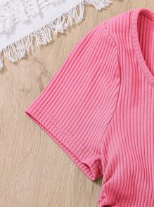 SHEIN Teen Girl Knitted Color Block Mock Neck Pleated Short Sleeve Casual T-Shirt