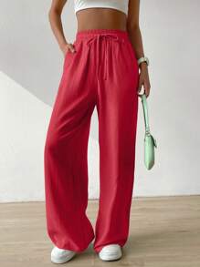 SHEIN EZwear Women's Summer Solid Color Beige High Waist Drawstring Waist Linen Wide Leg Pants - Red - View 4