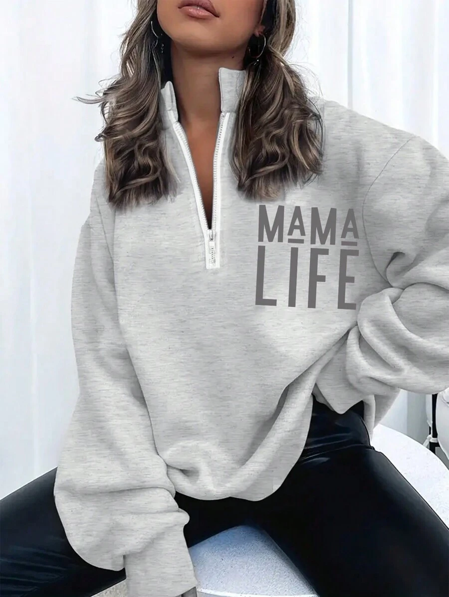 INAWLY Women's Mama Life Printed Loose Fit Sweatshirt Graduation,Back To School,Graduation,Teacher For Women,Back To School Pullover Fall Sweatshirt - Light Grey - View 1