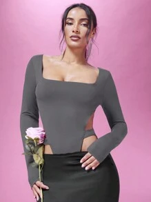 SHEIN BAE 情人節長袖女性方領性感露背連體褲 - 深灰色 - 查看 5