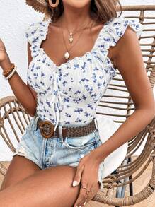 SHEIN Frenchy Women's Slim Fit Flutter Sleeve Blue And White  Floral Print Sweet Top With Ruffle Hem And Square Neck Tie, Summer