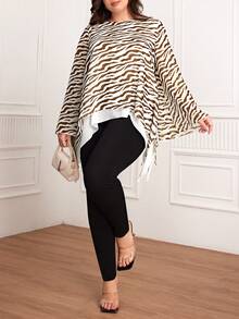 SHEIN Clasi Kích thước lớn In Vòng cổ Tay áo chuông Áo sơ mi - màu nâu - Xem 6