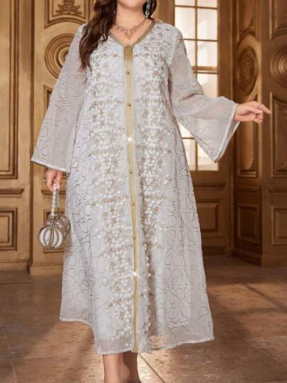 Al Najma 加大码花卉刺绣与编织腰带拼接长款喇叭袖端庄连衣裙、卡夫坦