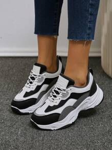 2025 Autumn Sneakers For Women New Round Toe Thick-Soled Colorblock Athletic Shoes For Women With Lace-Up Design - Black and White - View 3