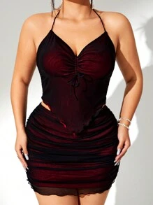 SHEIN ICON Plus Size Asymmetrical Hem Ruched Halter Top And Bodycon Skirt, Club & Festival & Concert Set