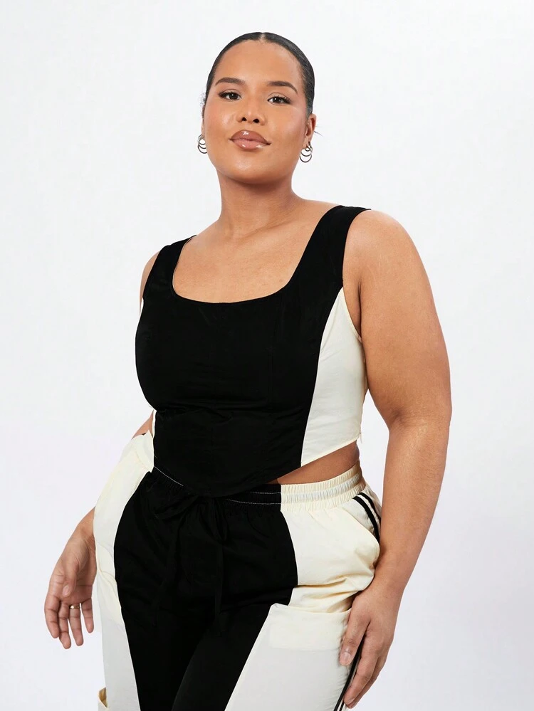 Plus Size Women's Asymmetrical Collar Color Block Tank Top