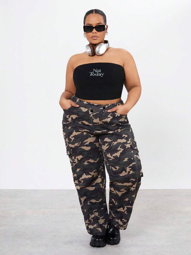 Plus Size Women's Letter Printed Strapless Top