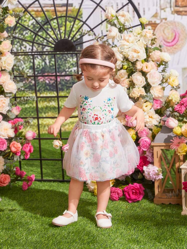 Baby Girl's Elegant Floral Print Short Sleeve Top With Mesh Splicing Flare Skirt