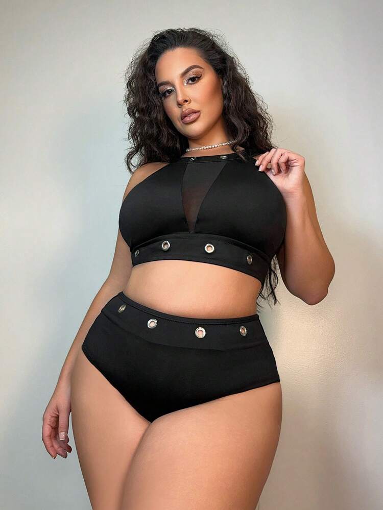 Plus Size Women's Halterneck Bikini Set With Rhinestone Decoration Summer Beach