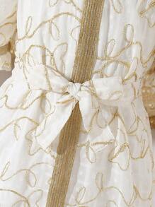 SHEIN Young Girl's Elegant And Gorgeous Embroidery And Weaving Stripes Splicing Puff Sleeve Dress