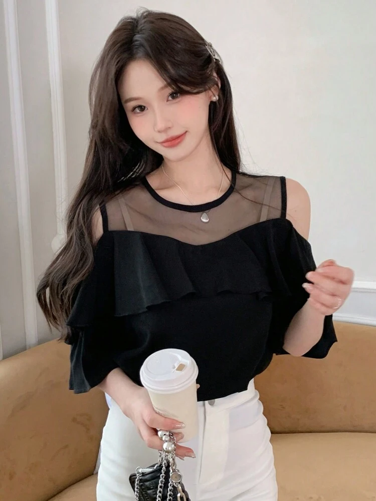 Mesh Panel Short Sleeve Round Neck Blouse With Ruffle Hem For Women Going Out Tops Summer