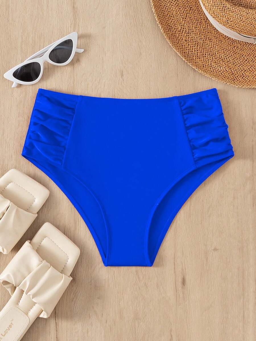 SHEIN Swim Women's Summer Beach Solid Color Ruched Bikini Bottom for