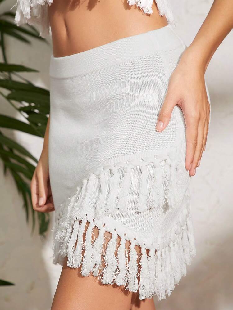 Tassel Hem Tank Top & Skirt Knit Set