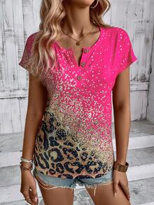 SHEIN LUNE Women's Leopard Print Short Sleeve T-Shirt - Multicolor - View 7
