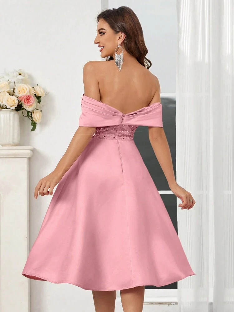 Elegant Pink One-Line Shoulder Multi-Fold Three-Dimensional Fish Bone Modified Body Shape Fine Flash Piece Splicing Woven Satin Off Shoulder Beaded Flared Skater Cocktail Dress