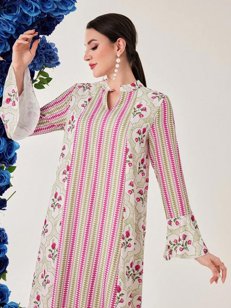 Women's Striped Floral Print Trumpet Sleeve Dress Fall Cloth For Women