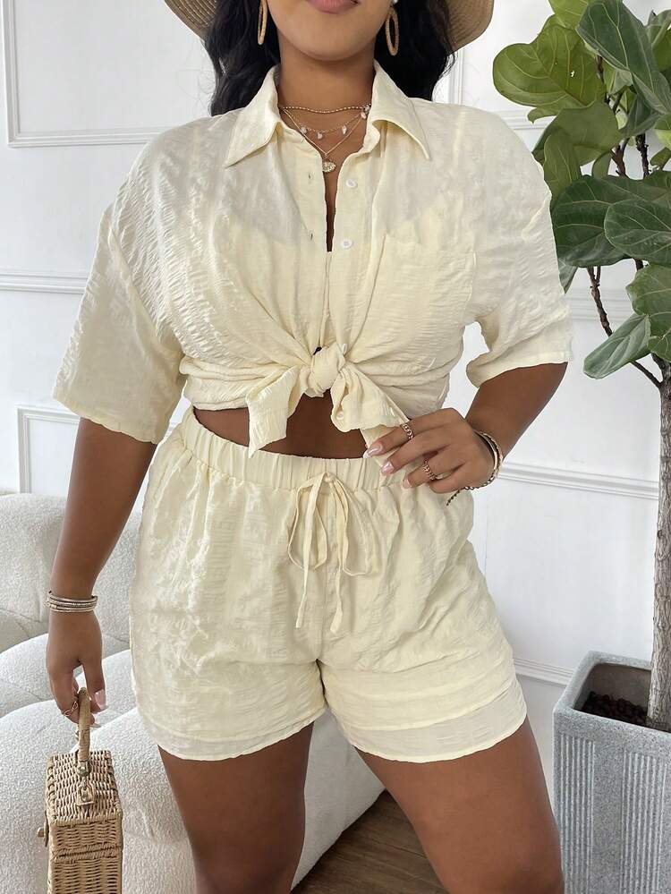 Plus Size Solid Color Textured Fabric Shirt & Tie-Waist Shorts Set