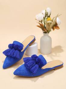 Fashionable Furry Ball & Tassel Decor Pointed Toe Flat Shoes