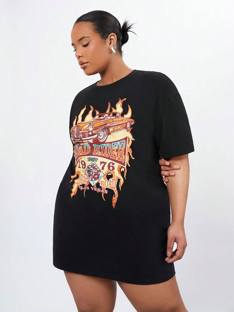 Plus Size Women's Letter & Flame Printed Short Sleeve Round Neck Dress