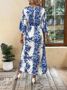 Hotletica 女式深V领花卉印花收腰长裙度假海滩装 - 藍色 - 查看 2