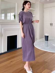 Dazy Designer 女式圆领短袖连衣裙，搭配褶饰设计太阳裙 - 紫色 - 查看 3