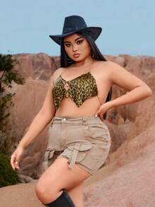 SHEIN SXY Plus Size Women's Rave Party Music Festival  Sexy Hot Girl Nightclub Charming  Leopard Print Asymmetrical Hem Halter Neck Tank Top - Gold - View 4