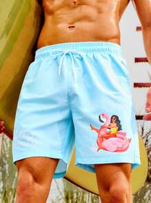 Surfspeed Men's Flamingo Print Drawstring Waist Beach Shorts - Baby Blue - View 1