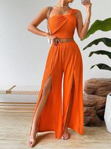 Chiquease Top Texturizado Con Un Hombro Y Pantalones Acampanados De Pierna Dividida Sólidos - Naranja Quemada - Ver 5
