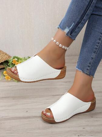 Stitching Design Women's Wedge Heel Platform Slides, Comfortable And Breathable (Polyurethane Sole Has Small Holes) Valentines