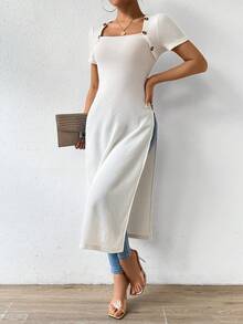 SHEIN Essnce Của phụ nữ Ngắn tay Viền chia cắt Áo thun Với Thiên nga Đường viền cổ áo - Màu be - Xem 6