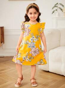 SHEIN Leap Crew 少女清新花卉图案圆领荷叶袖A字梭织连衣裙 - 黃色 - 查看 4