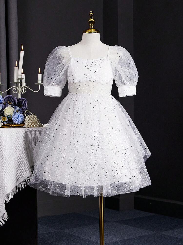 Tween Girls Luxury Sequins Layered Mesh Ruffle Puff Sleeve Flower Girl Dress, Wedding Party Event, Birthday Ceremony Gown