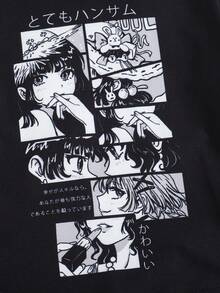 Tween女孩街頭風肖像印花立領上衣和彈性腰部破洞打底褲 - 黑與白 - 查看 5