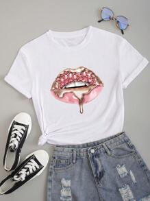 INAWLY Lips Printed Short Sleeve T-Shirt - White - View 2