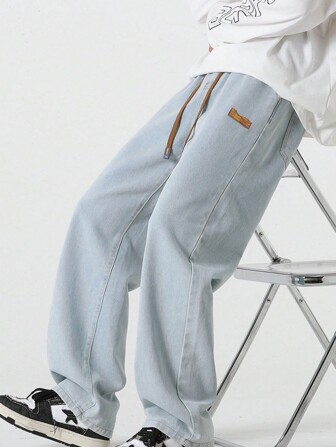 Men's Casual Letter Print Pocket Drawstring Waist Jeans, Spring/Autumn