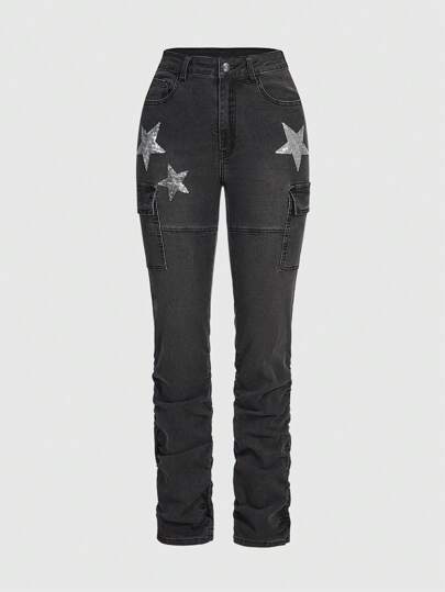 Grunge Punk Vintage Black Star Sequin Embroidery Pleated Elastic Skinny Jeans With Pockets