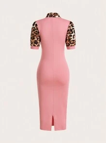 SHEIN Clasi Women's Leopard Print Splicing Dress With Knot Collar Maxi Women Outfit