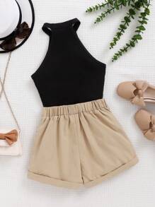 SHEIN 少女针织背心，纹理饰面和实用短裤两件套