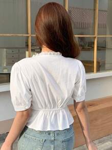 DAZY Camisa De Manga Corta Con Cordones Y Color Sólido Con Ajuste A La Cintura