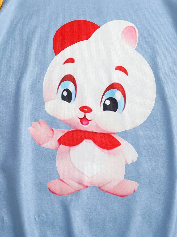 Baby Girl Cute Cartoon Print Contrast Sleeve Ruffle Hem Nightgown