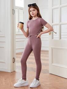 SHEIN Conjunto de pijama tejido para niña adolescente con parte superior de cuello redondo y pantalón de unicolor - Púrpura polvoriento - Ver 1