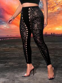 SHEIN SXY 大码性感春夏狂欢派对音乐节乡村音乐会无缝高弹力蕾丝镂空紧身裤 - 黑色 - 查看 7