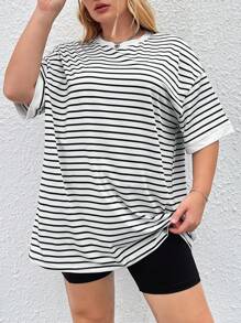 SHEIN CURVE+ Plus Size Round Neck Striped Summer T-Shirt - White - View 5