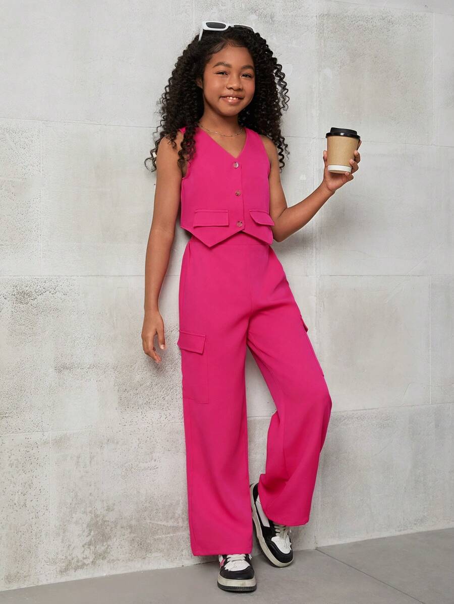 SHEIN Leap Crew Tween Girl's Casual Spring/Summer Plain Woven Sleeveless Top And Pants Set - Hot Pink - View 1